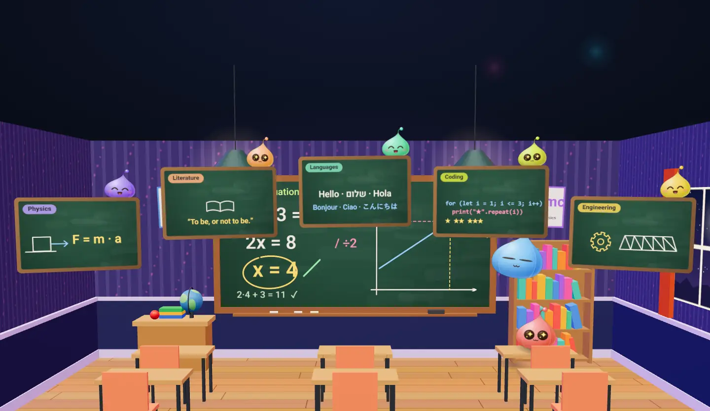 A cosy classroom: a sky-blue teacher at a green chalkboard with 2x + 3 = 11 solved step by step and drawn as a graph, a student at a front desk, and five small boards of other subjects floating above, each with its own colourful teacher